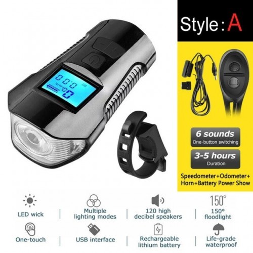 4 Mode USB Bicycle Light Lamp & Bike Computer 6 Mode Horn Flashlight Cycle Bike Speedometer Led Front Lights Cycling Headlight