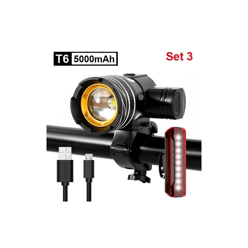NEWBOLER 5000mAh Bicycle Light Set T6 USB Rechargeable Battery Adjustable Zoom Bike Front Headlight Cycling Lamp with Taillight
