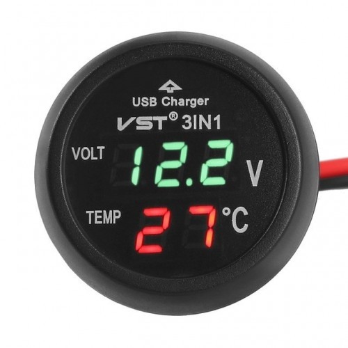12V/24V Digital Meter Monitor 3 in 1 LED USB Car Charger Voltmeter Thermometer Car Battery Monitor LCD Digital Dual Display