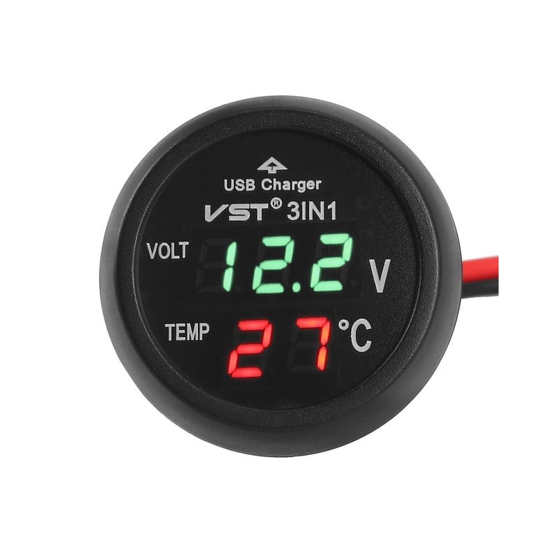 12V/24V Digital Meter Monitor 3 in 1 LED USB Car Charger Voltmeter Thermometer Car Battery Monitor LCD Digital Dual Display
