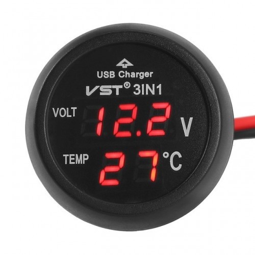 12V/24V Digital Meter Monitor 3 in 1 LED USB Car Charger Voltmeter Thermometer Car Battery Monitor LCD Digital Dual Display